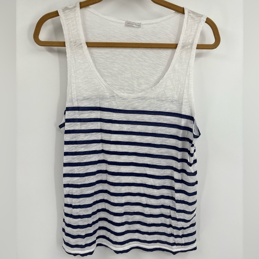 American Vintage Women’s Blue White Striped 100% Cotton Slub Knit Tank Top Large